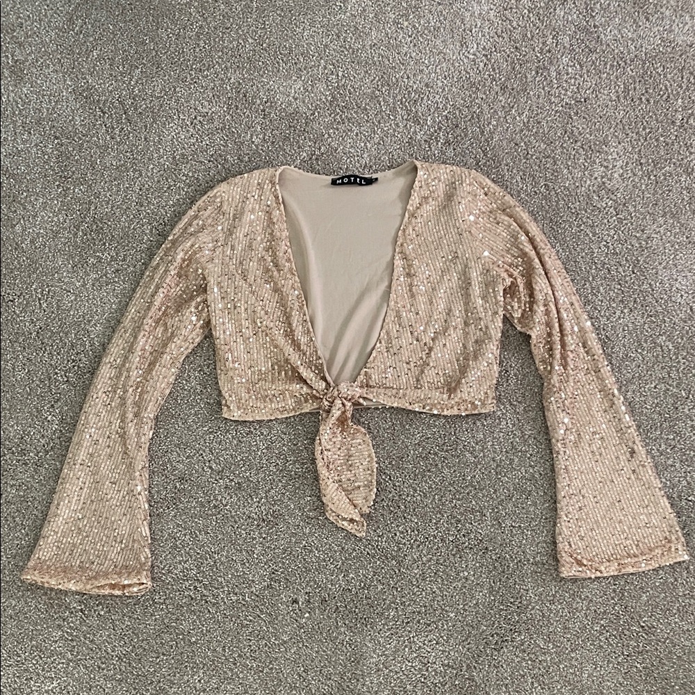 Motel Rocks Sequin Tie-Front Crop Top - Gold
